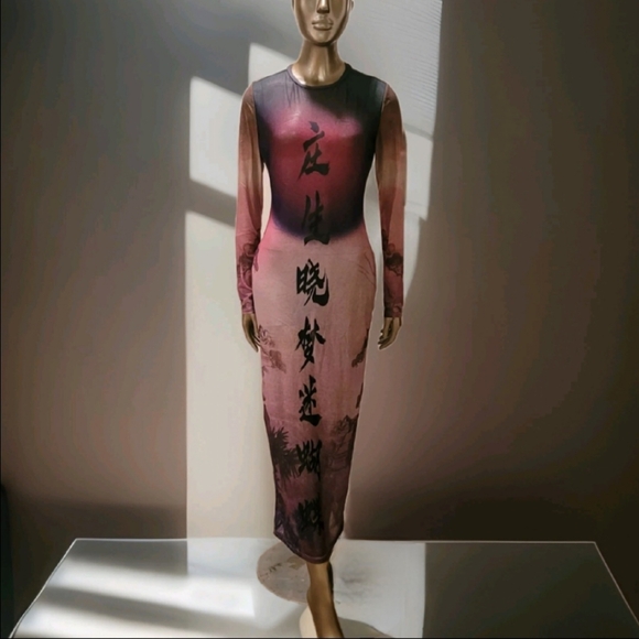 NWT Round Collar Oriental Text Print Mesh Bodycon Midi Dress Sz M - Picture 15 of 16